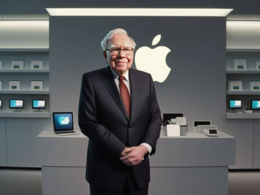 Warren Buffett steht in einem Apple Store