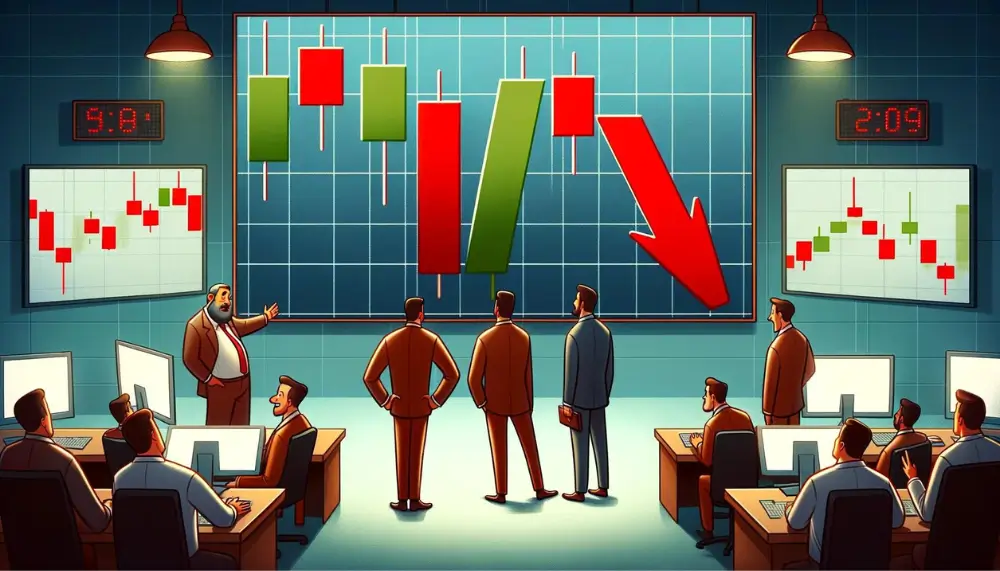 Cartoon-Darstellung eines Finanzcharts mit Abwärtstrend, gefolgt von einer großen roten und einer großen grünen Kerze, die eine bullishe Umkehr signalisiert.