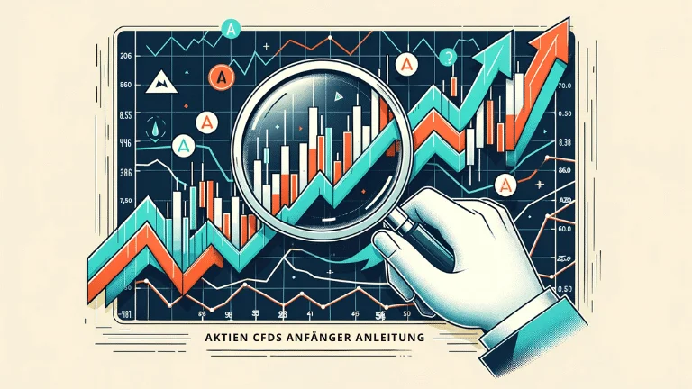 Lupe fokussiert auf ein Börsendiagramm mit Auf- und Abwärtspfeilen.