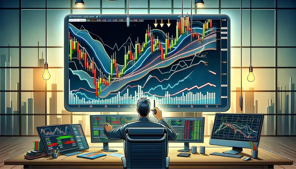 Ein Trader nutzt den VWAP Indikator zusammen mit Supertrend und Bollinger Bands