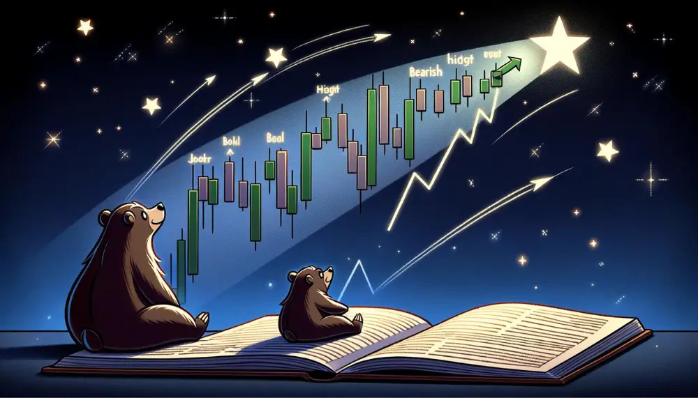 Cartoon-Darstellung eines bärischen Candlestick-Musters, bekannt als Sternschnuppe, auf einem Finanzchart mit Bären, die den Markt kontrollieren.