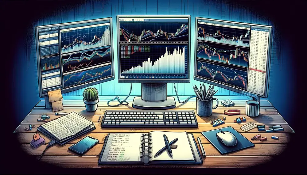 Mehrere Monitore zeigen die VWAP-Analyse im Trading-Setup
