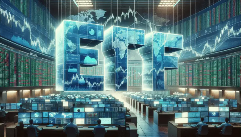 Kreatives Bild, das die Buchstaben 'ETF' in einem lebhaften Börsenparkettumfeld zeigt.