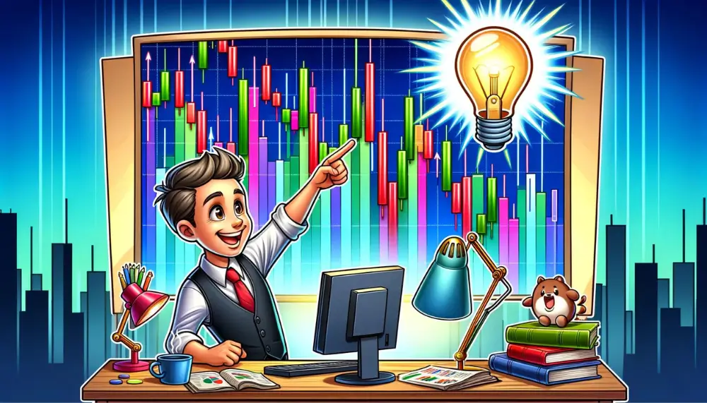 Trader analysiert farbenfrohe Trading-Charts auf einem großen Bildschirm mit Hanging Man Candlestick-Muster, symbolisiert den Moment der Erkenntnis im Trading.