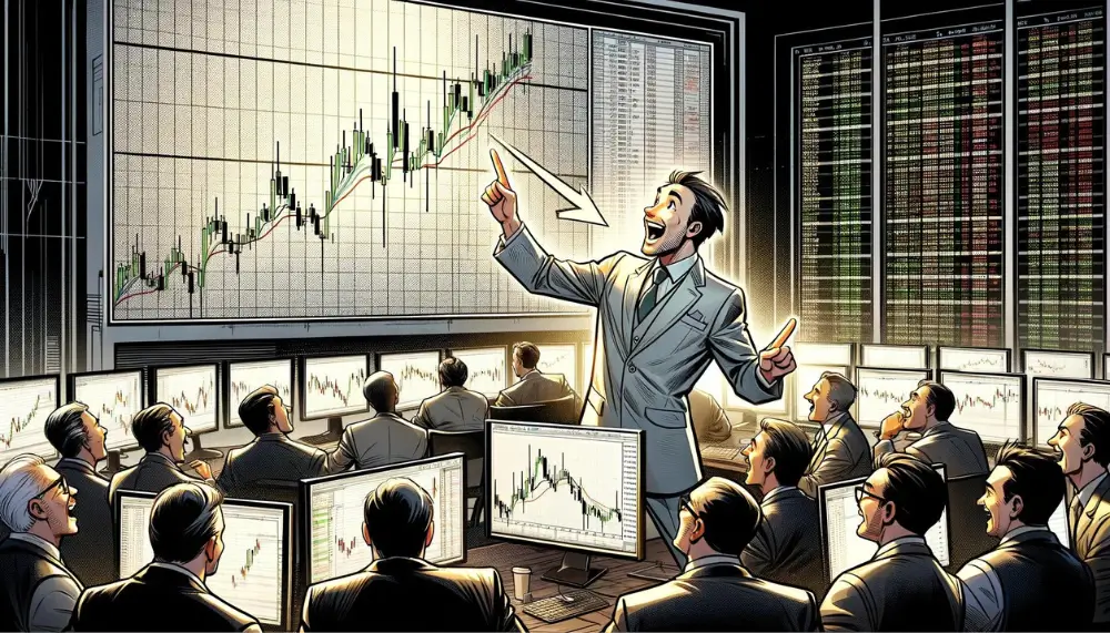 Cartoon-Darstellung eines Traders, der begeistert das Piercing Line Muster auf einem Candlestick-Chart mit Kollegen auf dem geschäftigen Handelsboden teilt.