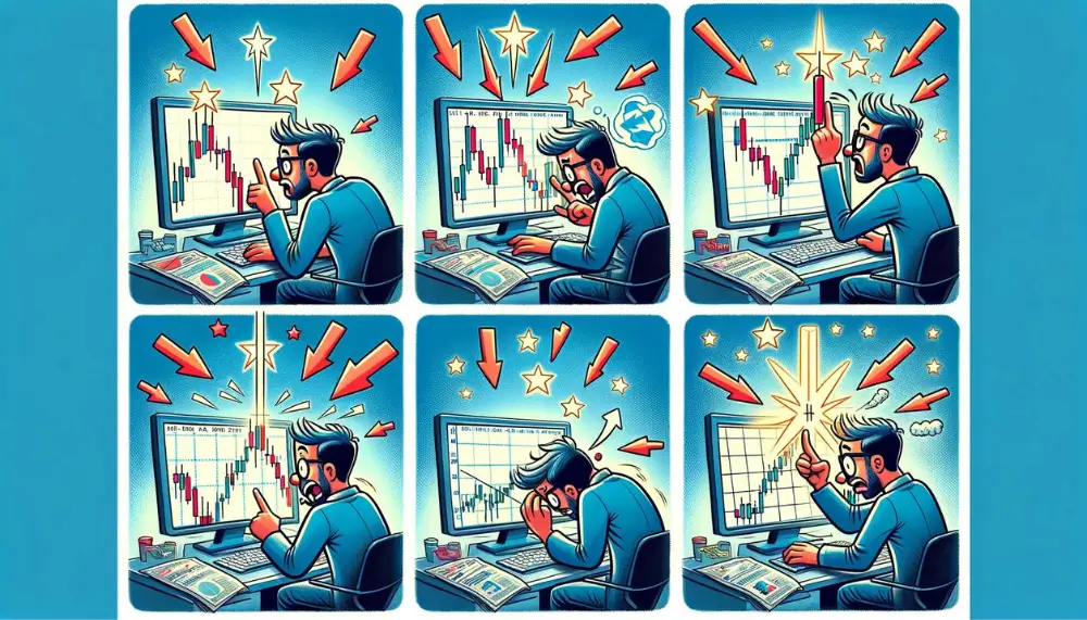 Cartoon-Bild eines Händlers, der das Sternschnuppe-Muster fälschlicherweise als bullishes Signal interpretiert, symbolisiert durch verwirrte Pfeile, die nach oben zeigen.