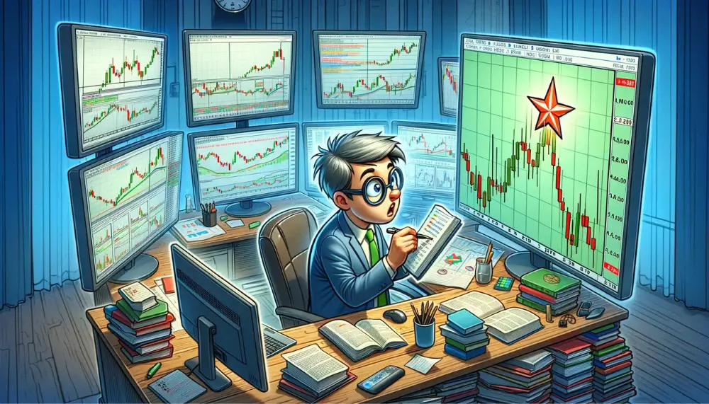 Cartoon-Szene illustriert einen Finanzanalysten, der während einer Marktanalysesitzung Notizen zum Sternschnuppe Candlestick-Muster macht, umgeben von Bildschirmen mit verschiedenen Marktdaten.