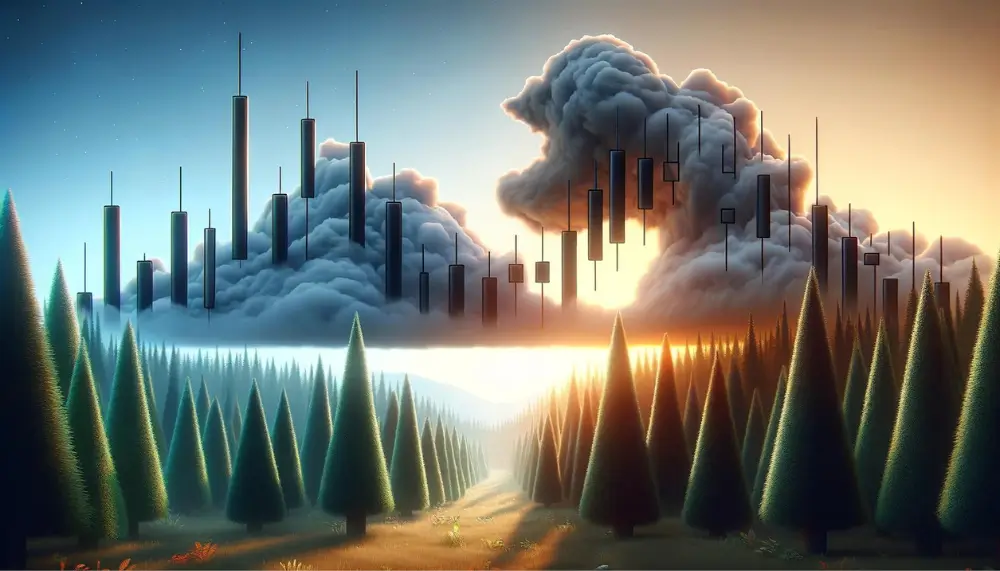 Landschaftsansicht eines Finanzwaldes, wo Kerzenmuster als Bäume dargestellt werden, mit einem hervorgehobenen Dark Cloud Cover Muster.