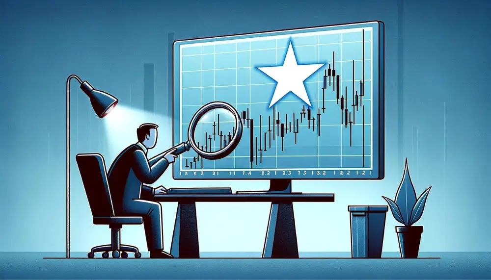 Ein vereinfachtes Cartoon-Bild, das einen Trader zeigt, der an einem minimalistischen Handelstisch sitzt und einen großen Monitor analysiert, auf dem ein auffälliges Sternschnuppe-Muster auf einem Finanzchart zu sehen ist.