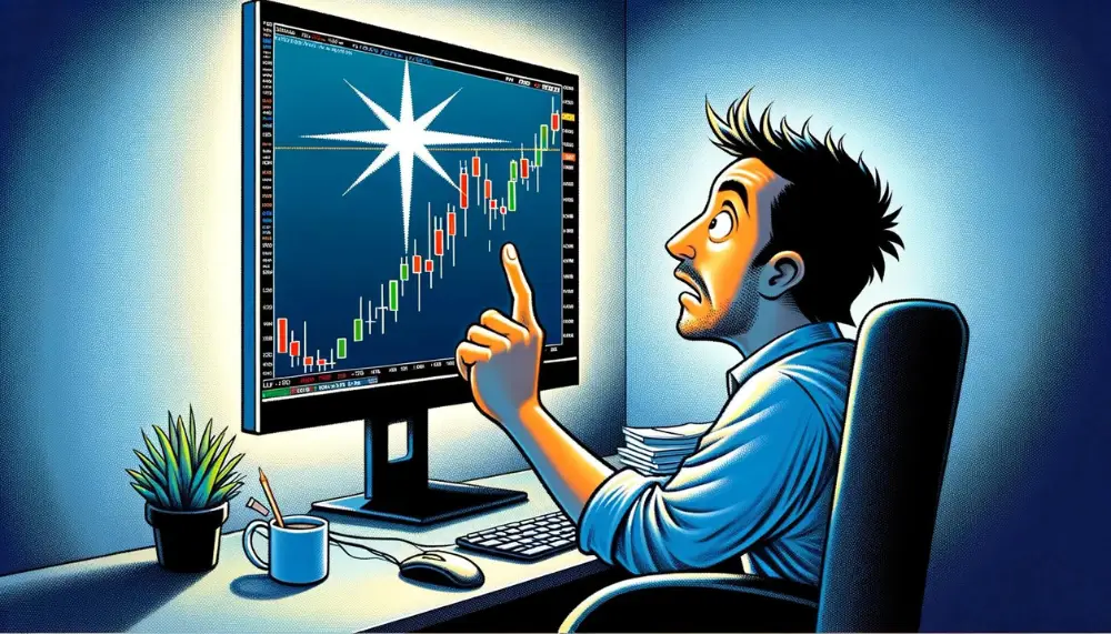 Cartoon-Illustration zeigt den Moment, in dem ein Händler ein Sternschnuppe-Muster auf seinem Handelschart entdeckt, symbolisiert einen kritischen Entscheidungspunkt in der Handelsstrategie.