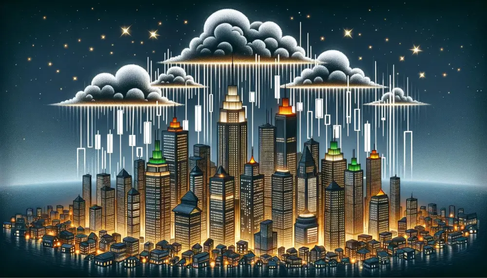 Eine kreative Stadtsilhouette, geformt nach verschiedenen Kerzenmustern, mit einem markanten Dark Cloud Cover Gebäude.
