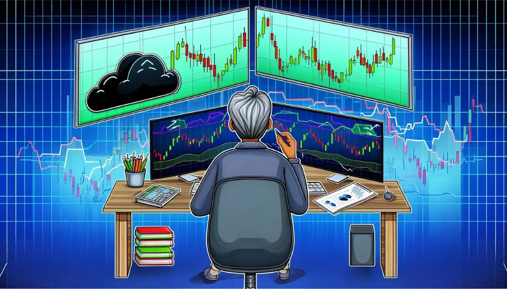Ein Trader analysiert das Dark Cloud Cover Muster zusammen mit RSI und MACD Indikatoren für eine präzisere Handelsstrategie.
