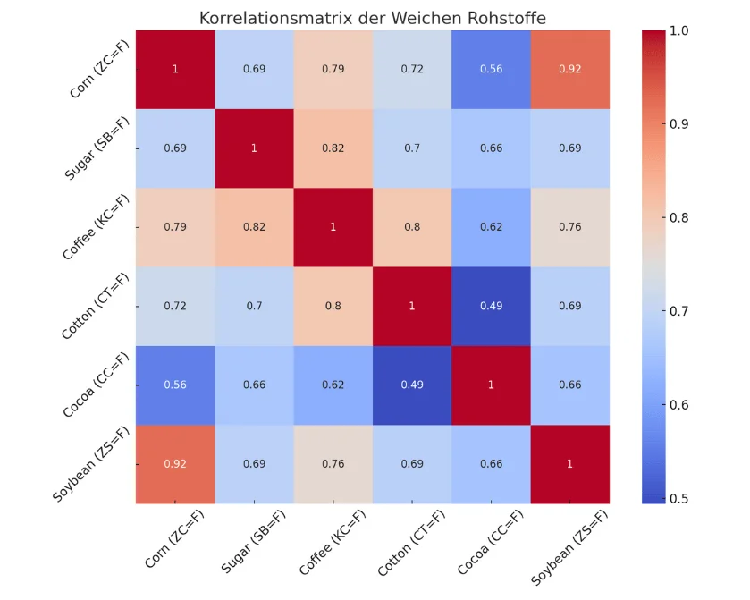 Korrelationsmatrix der weichen Rohstoffe wie Mais, Zucker, Kaffee, Baumwolle, Kakao und Sojabohnen.