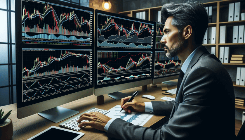 Ein erfahrener Trader analysiert die Handelscharts auf mehreren Computermonitoren in einem modernen Büro.