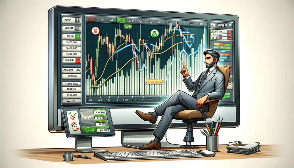Volume Weighted Average Price: Trading-Software zeigt VWAP-Indikator neben anderen Analysewerkzeugen