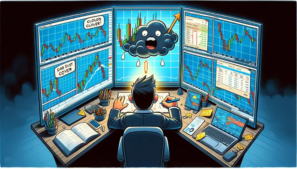 Ein Trader erkennt das Dark Cloud Cover Muster auf seinem Trading-Chart und notiert Strategien.