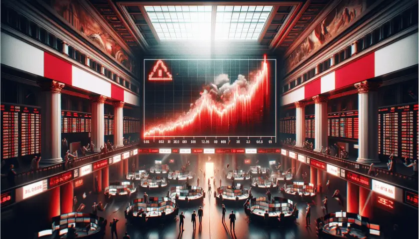Dramatic stock exchange scene with a backdrop of the Austrian flag, traders in various states of action, and a giant LED board showing a market drop.