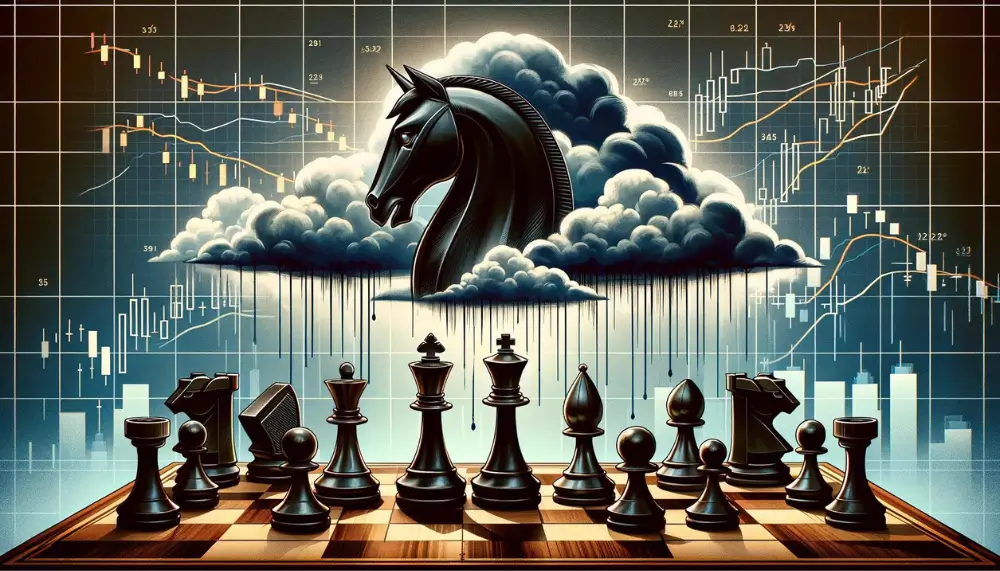 Ein Schachbrett, das verschiedene Handelsstrategien symbolisiert, mit einem Ritter, der das Dark Cloud Cover Muster darstellt.