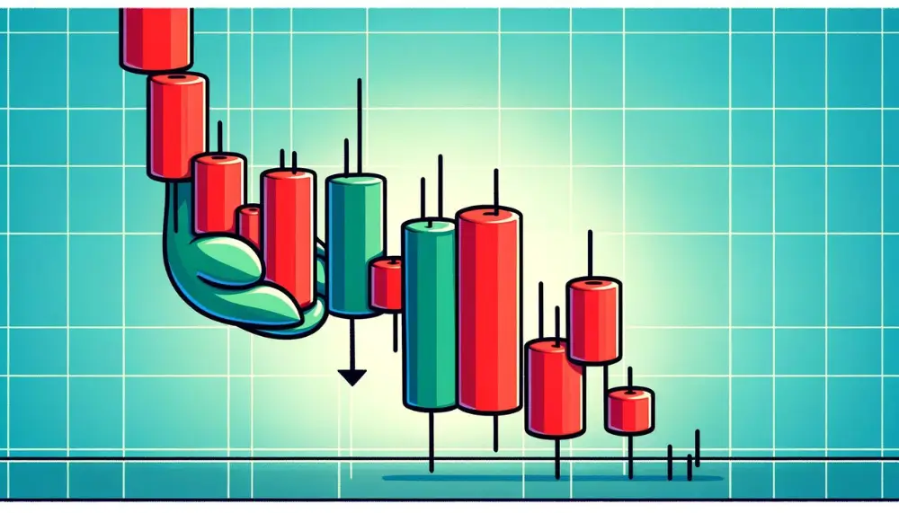 Cartoon-Infografik, die das Erkennen des Piercing Line Candlestick-Musters auf einem Finanzchart detailliert darstellt, ideal für Einsteiger zur Vorhersage bullischer Umkehrungen.