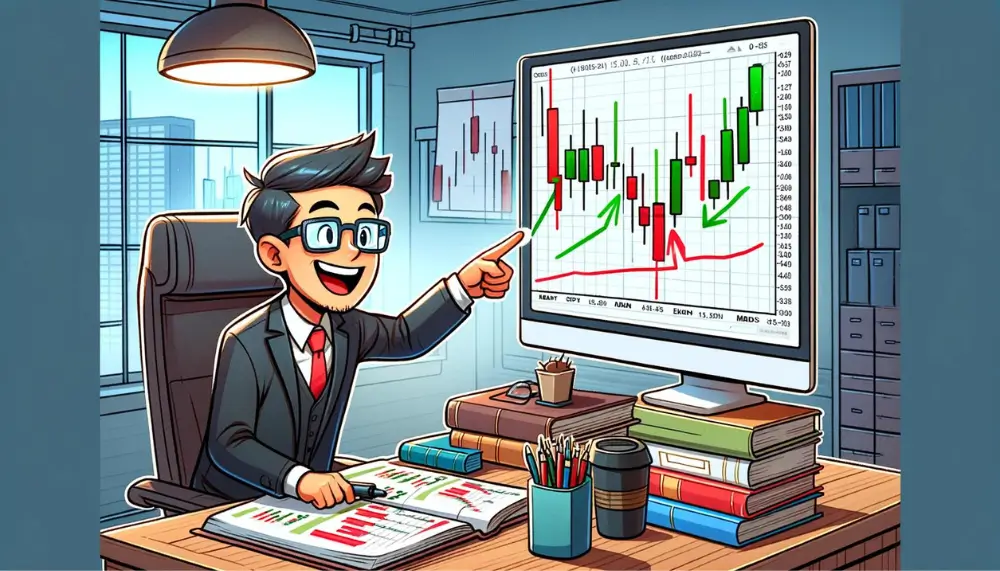 Cartoon eines Analysten, der eine Finanzchart mit einer langen roten und einer langen grünen Kerze untersucht, welche eine bullishe Umkehr signalisieren.
