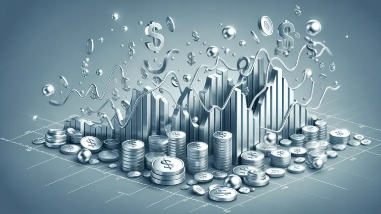 Finanzdiagramm mit dreidimensionalen Silberobjekten im Vordergrund.