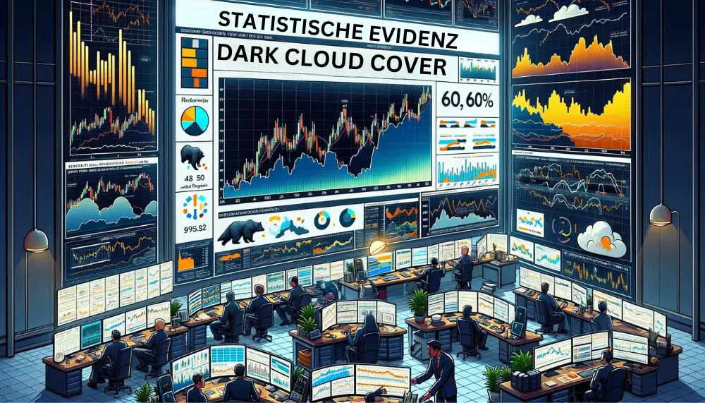 Trader und Analysten diskutieren die statistische Effektivität des Dark Cloud Cover Musters in einem Analytics-Lab.