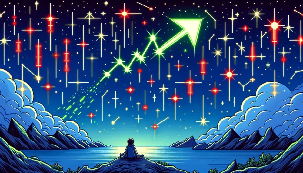 Ein Cartoon-Bild eines friedvollen Nachthimmels, gefüllt mit Sternen, die verschiedene Candlestick-Muster bilden, darunter ein auffälliges Piercing Line Muster aus einer hellgrünen Sternschnuppe, die eine rote Sternenformation durchbricht.