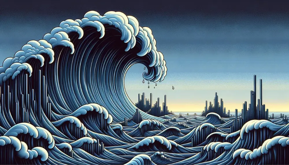 Abstrakte Darstellung einer stürmischen See mit Wellen in Form von Kerzenmustern, einschließlich einer großen Welle, die das Dark Cloud Cover Muster symbolisiert.