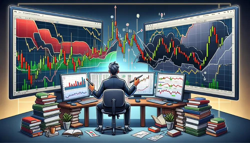 Cartoon-Darstellung eines Finanzanalysten, der das Piercing Line Muster mit dem Dark Cloud Cover Muster vergleicht, um deren Zuverlässigkeit zu bewerten.