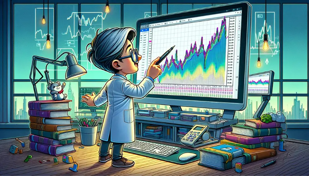 Cartoon-Darstellung eines Forschers, der den Triple Exponential Moving Average auf einem großen Bildschirm analysiert, um die Marktbewegungen besser zu verstehen.