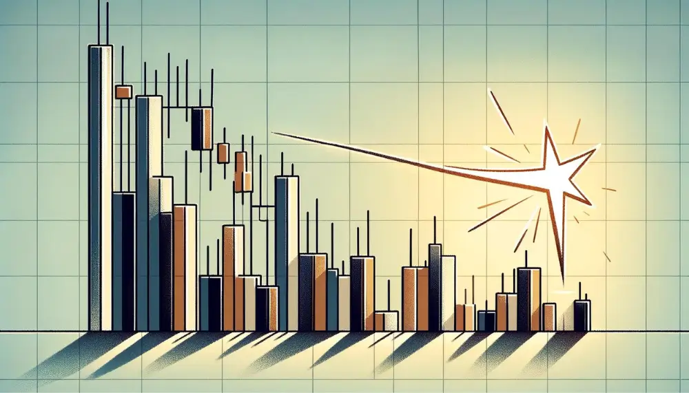 Cartoon-Darstellung einer vereinfachten Finanzchart, die eine Serie von Candlestick-Mustern mit Fokus auf das Sternschnuppe-Muster zeigt, illustriert ein bärisches Umkehrsignal.