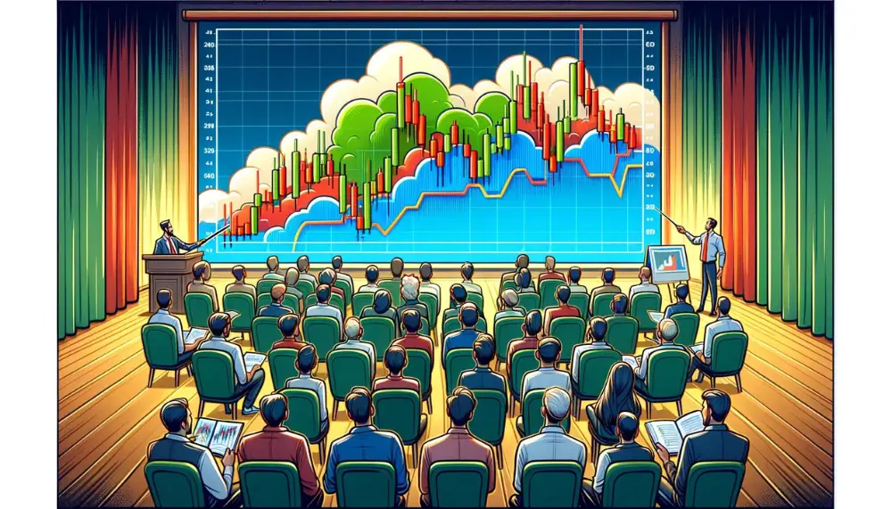 Trader und Investoren untersuchen in einem Seminarraum ein Chart, das das klassische Dark Cloud Cover Muster zeigt.