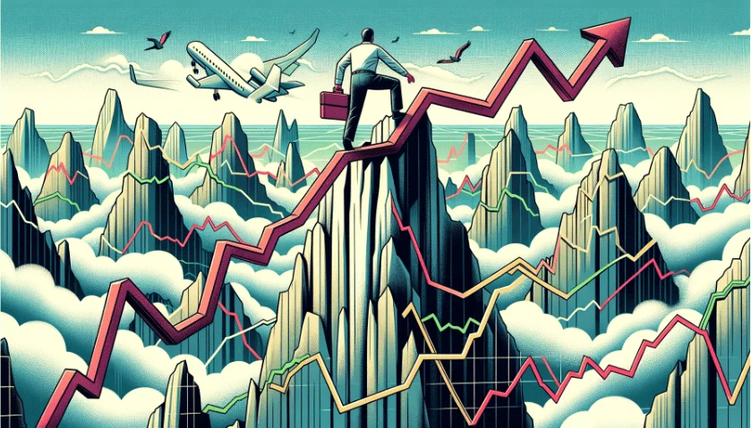 Illustration eines Aktiencharts, der einem Bergmassiv ähnelt, mit einem Bergsteiger, der sich nach oben kämpft.