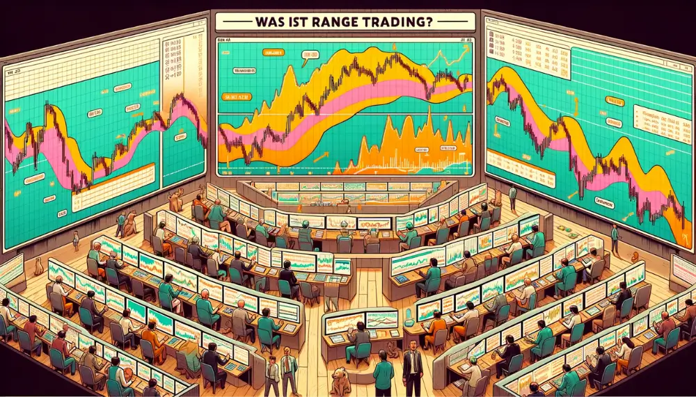 A cartoon depiction of a busy stock market floor, representing 'Was ist Range Trading?'. Traders are actively engaged in buying and selling, with a large digital screen displaying currency pairs, stocks, and other financial instruments with prices oscillating between support and resistance lines.