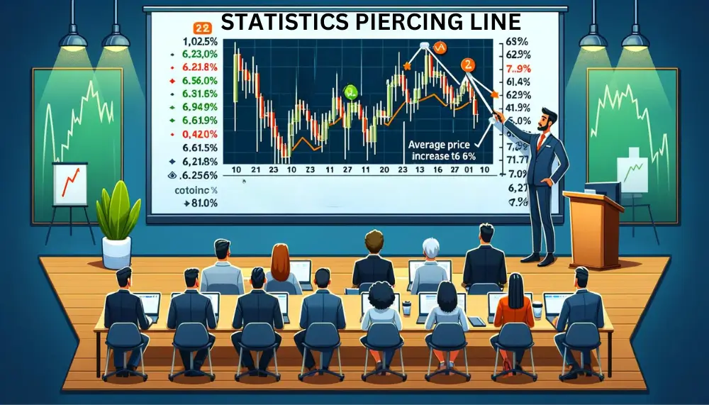 Cartoon-Darstellung eines Finanzanalysten, der während eines Webinars die statistische Erfolgsquote des Piercing Line Musters präsentiert.